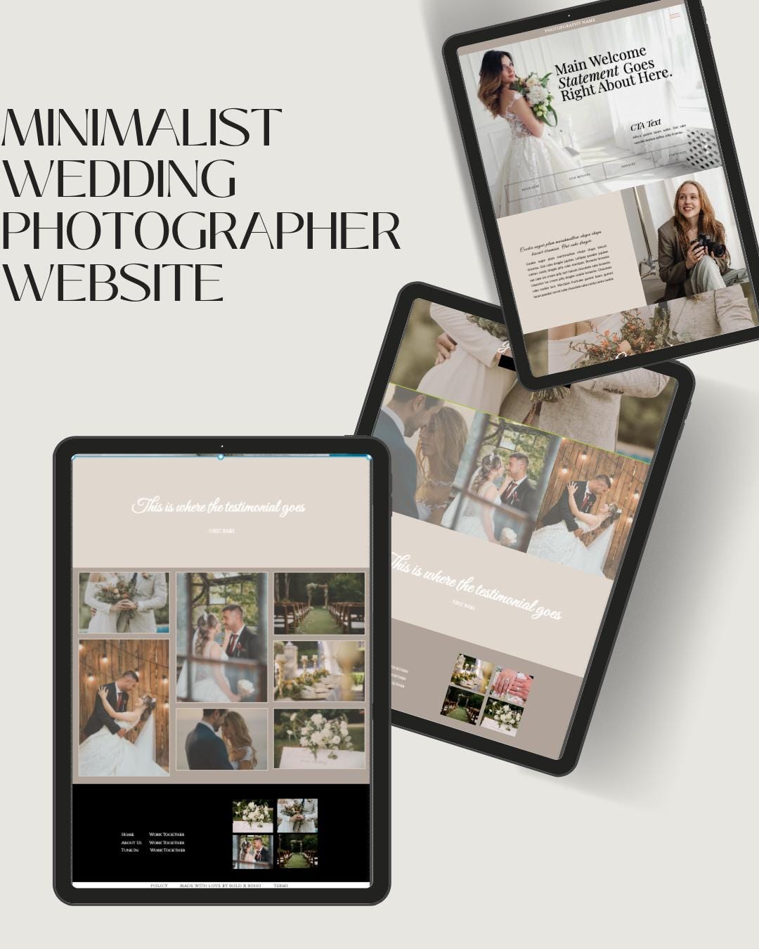 Three digital tablet mockups displaying minimalist wedding photographer website templates, arranged on a light gray background with the text 'MINIMALIST WEDDING PHOTOGRAPHER WEBSITE' at the top left.