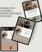 Three digital mockups of tablet screens displaying a minimalist wedding photographer website template, arranged on a light beige background with the text 'MINIMALIST WEDDING PHOTOGRAPHER WEBSITE' in large serif letters.