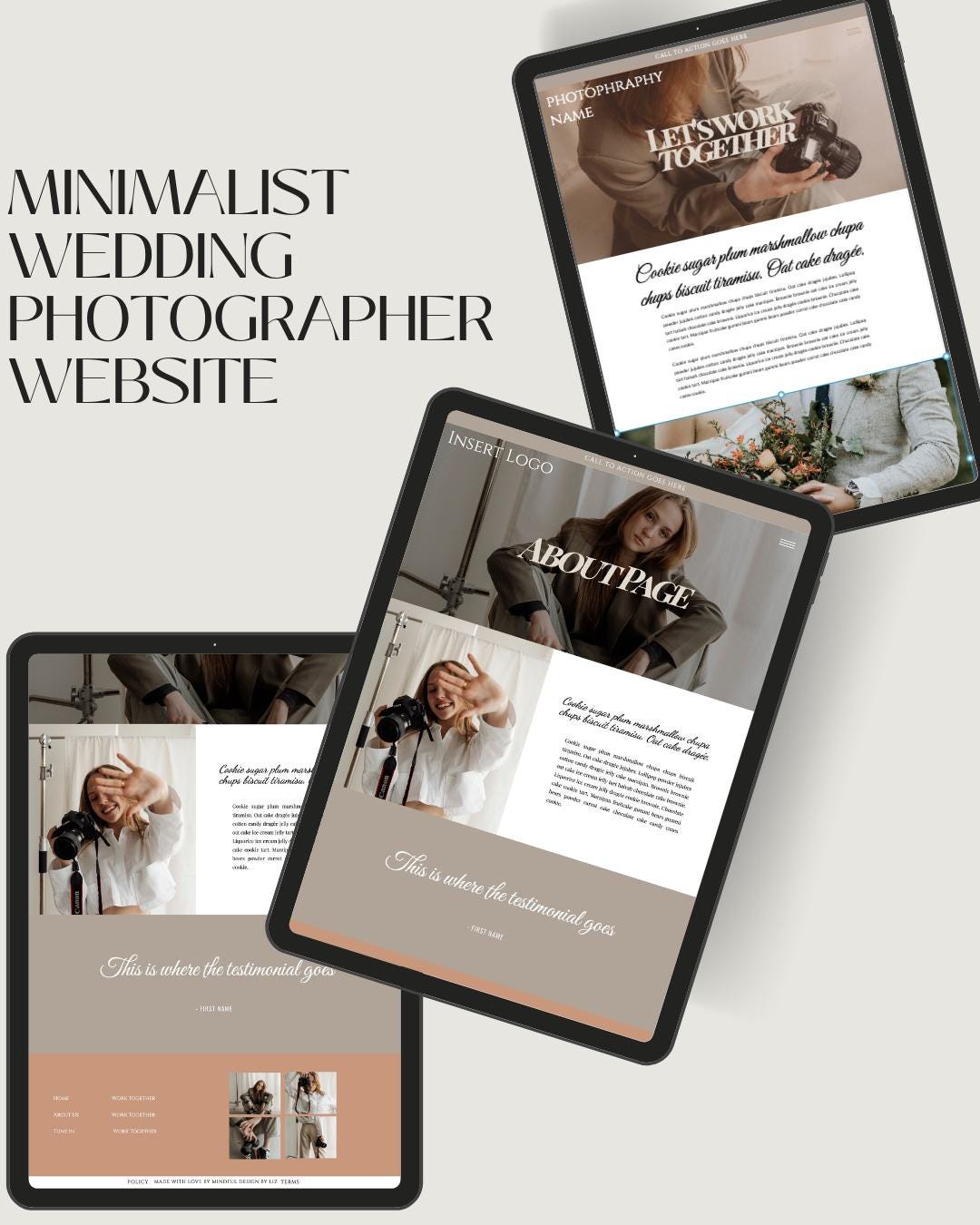 Three digital mockups of tablet screens displaying a minimalist wedding photographer website template, arranged on a light beige background with the text 'MINIMALIST WEDDING PHOTOGRAPHER WEBSITE' in large serif letters.