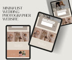 Three digital mockups of tablet screens displaying a minimalist wedding photographer website template, arranged on a light gray background with the text 'MINIMALIST WEDDING PHOTOGRAPHER WEBSITE' at the top left.