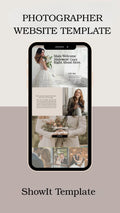 A digital mockup of a smartphone displaying a wedding photographer website template, centered on a split beige and taupe background with the text 'PHOTOGRAPHER WEBSITE TEMPLATE' at the top and 'ShowIt Template' at the bottom.