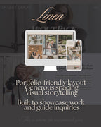A promotional graphic for a website template or portfolio layout named 'Linen'. The design features a dark gray background with elegant beige and white typography, showing a desktop monitor and a smartphone mockup displaying a photography portfolio website.