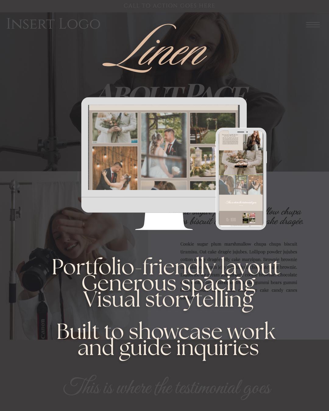 A promotional graphic for a website template or portfolio layout named 'Linen'. The design features a dark gray background with elegant beige and white typography, showing a desktop monitor and a smartphone mockup displaying a photography portfolio website.