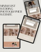 Three tablet devices displaying a minimalist wedding photographer website template, arranged on a light beige background with the text 'MINIMALIST WEDDING PHOTOGRAPHER WEBSITE' in the upper left.