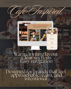 A promotional graphic for a cafe-inspired website design template, showing a desktop monitor and smartphone mockup with warm brown and beige tones. The background features blurred photos of people baking and serving in a bakery setting.