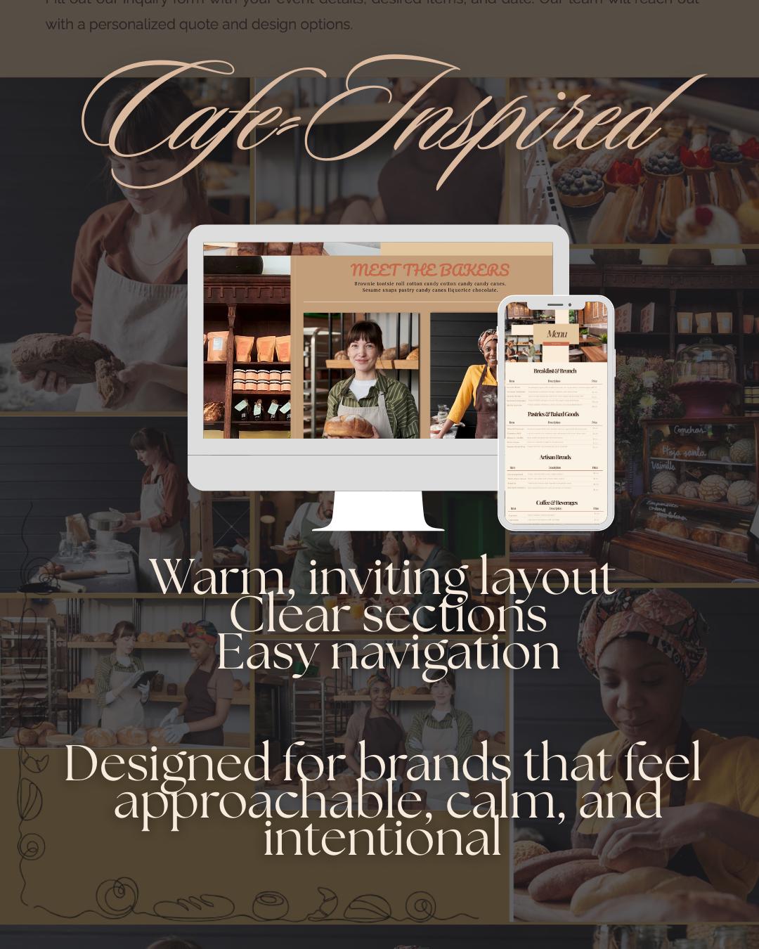 A promotional graphic for a cafe-inspired website design template, showing a desktop monitor and smartphone mockup with warm brown and beige tones. The background features blurred photos of people baking and serving in a bakery setting.