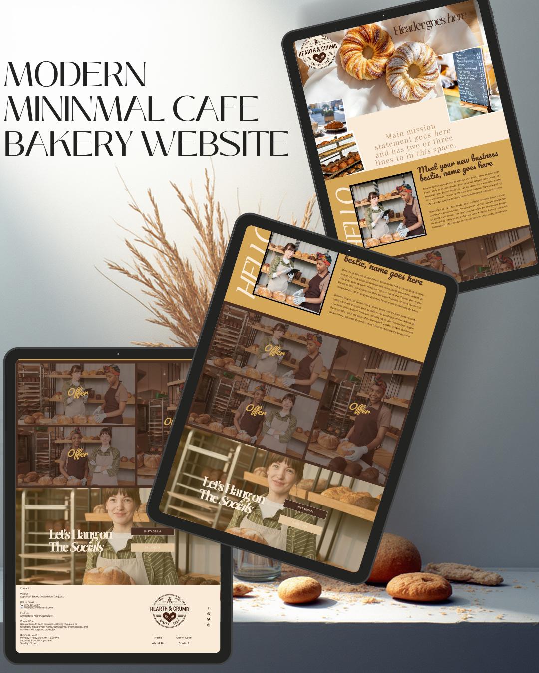 Three digital tablet mockups displaying a bakery website design, arranged on a tabletop with bread and wheat props against a blue-gray gradient background. Large text at left reads 'MODERN MINIMAL CAFE BAKERY WEBSITE'.