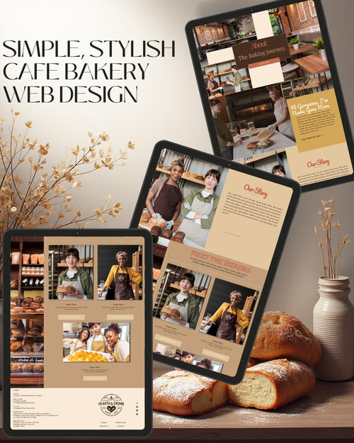 Three tablet devices displaying a cafe bakery website mockup are arranged on a tabletop with bread, flowers, and a vase in a styled interior scene. Large text at left reads 'SIMPLE, STYLISH CAFE BAKERY WEB DESIGN.