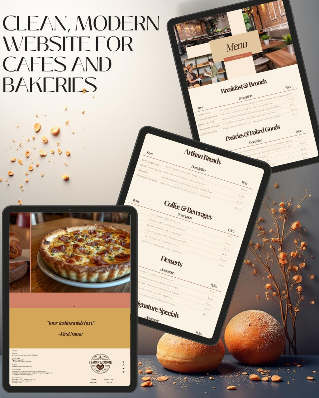 Three digital menu templates displayed on tablet screens with decorative bread and nuts, plus large text reading 'CLEAN, MODERN WEBSITE FOR CAFES AND BAKERIES' on a beige background.