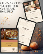 Three digital menu templates displayed on tablet screens with decorative bread and nuts, plus large text reading 'CLEAN, MODERN WEBSITE FOR CAFES AND BAKERIES' on a beige background.
