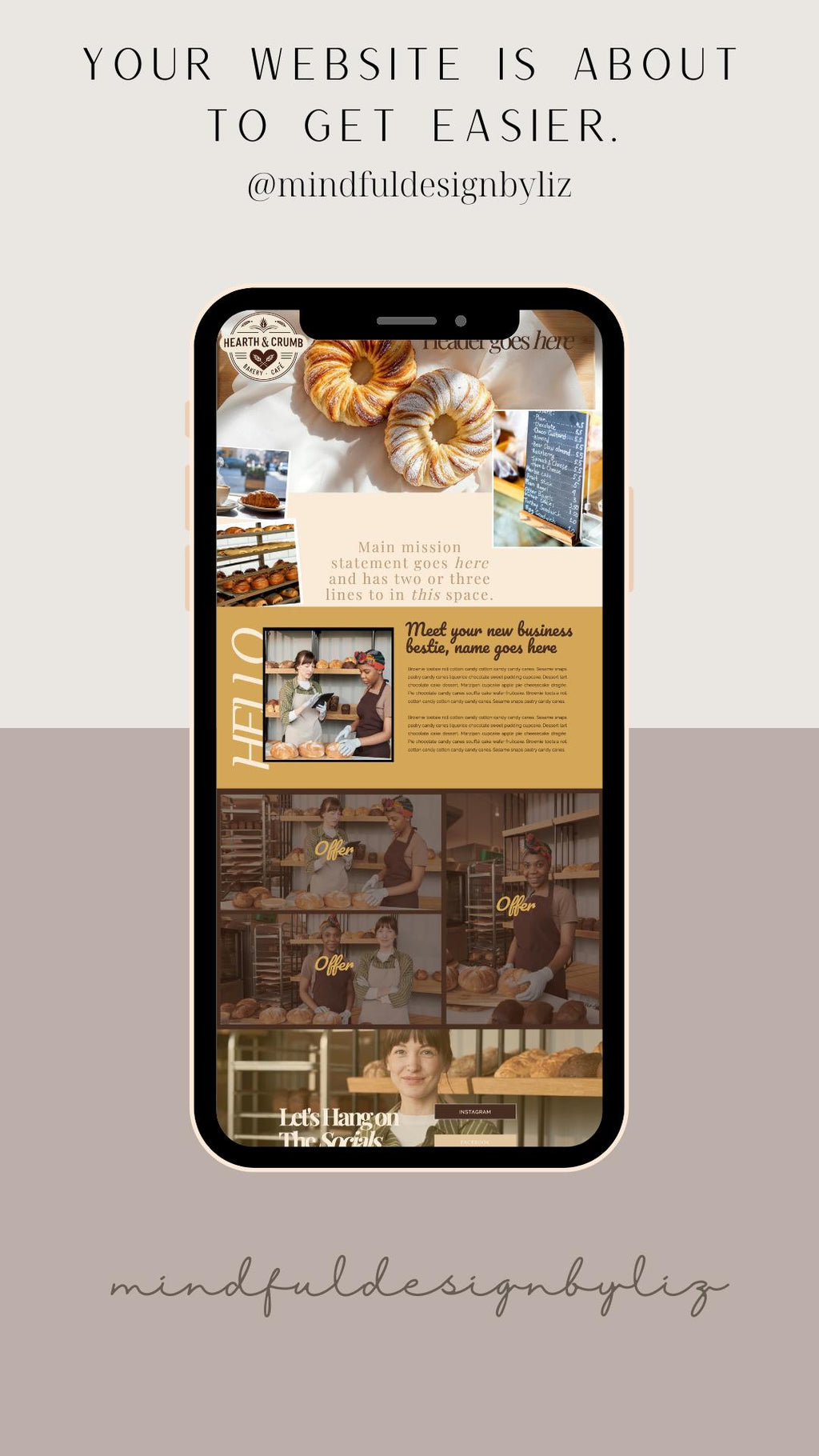 A promotional graphic for a website template or digital service, featuring a smartphone mockup centered on a split beige and taupe background. The phone screen displays a bakery-themed website layout with bread photos, text sections, and a warm tan color scheme.