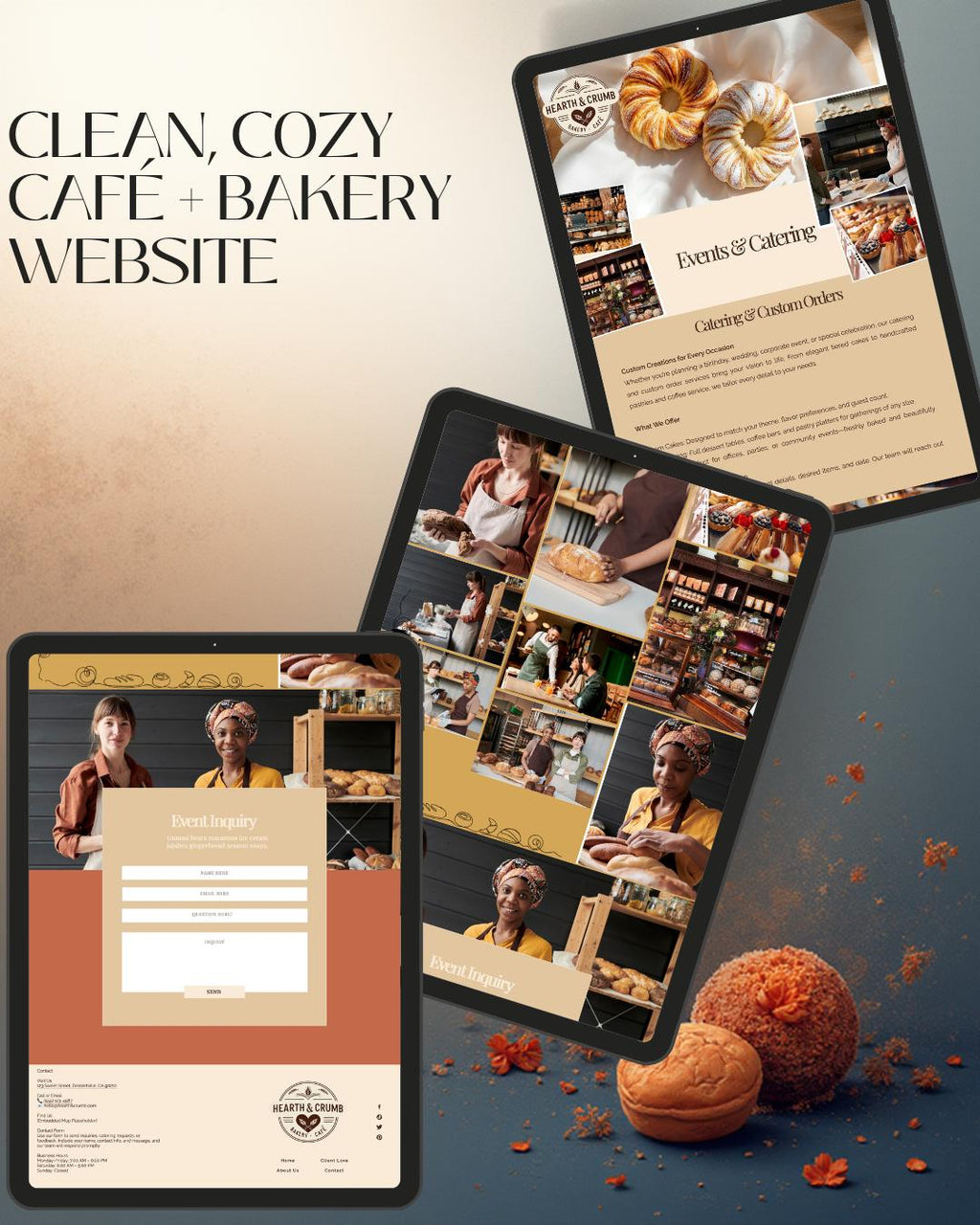Promotional graphic for a clean, cozy cafe and bakery website, showing three tablet screens displaying the website design on a split beige and dark blue background with baked goods and autumn leaves.