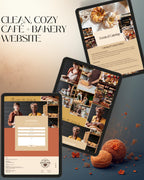 Promotional graphic for a clean, cozy cafe and bakery website, showing three tablet screens displaying the website design on a split beige and dark blue background with baked goods and autumn leaves.