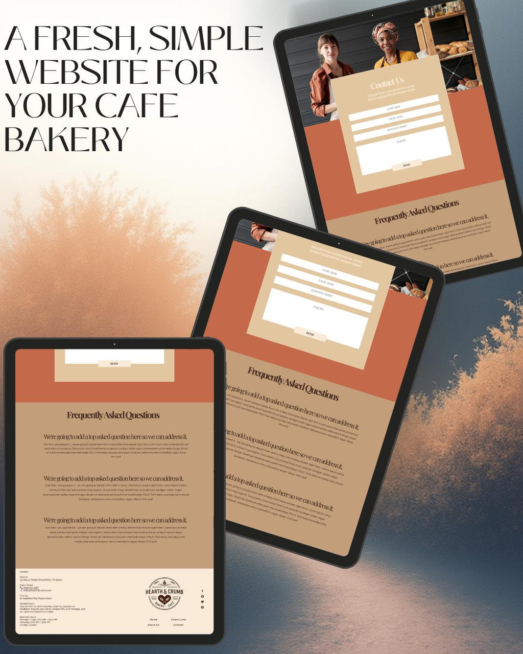 Promotional graphic for a cafe bakery website template, showing three tablet mockups displaying the website layout over a warm orange and blue textured background with the text 'A FRESH, SIMPLE WEBSITE FOR YOUR CAFE BAKERY'.
