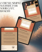Promotional graphic for a cafe bakery website template, showing three tablet mockups displaying the website layout over a warm orange and blue textured background with the text 'A FRESH, SIMPLE WEBSITE FOR YOUR CAFE BAKERY'.