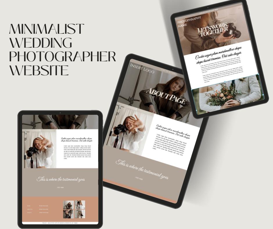 Three digital mockups of tablet screens displaying wedding photographer website templates, arranged on a light beige background with the text 'MINIMALIST WEDDING PHOTOGRAPHER WEBSITE' in large serif letters.