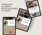 Three digital mockups of tablet screens displaying wedding photographer website templates, arranged on a light beige background with the text 'MINIMALIST WEDDING PHOTOGRAPHER WEBSITE' in large serif letters.