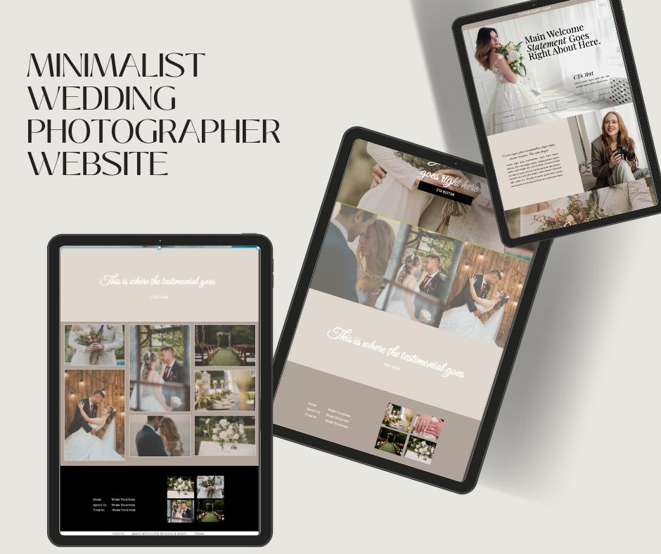 Three tablet devices displaying minimalist wedding photographer website templates, arranged on a light gray background with the text 'MINIMALIST WEDDING PHOTOGRAPHER WEBSITE' at the top left.
