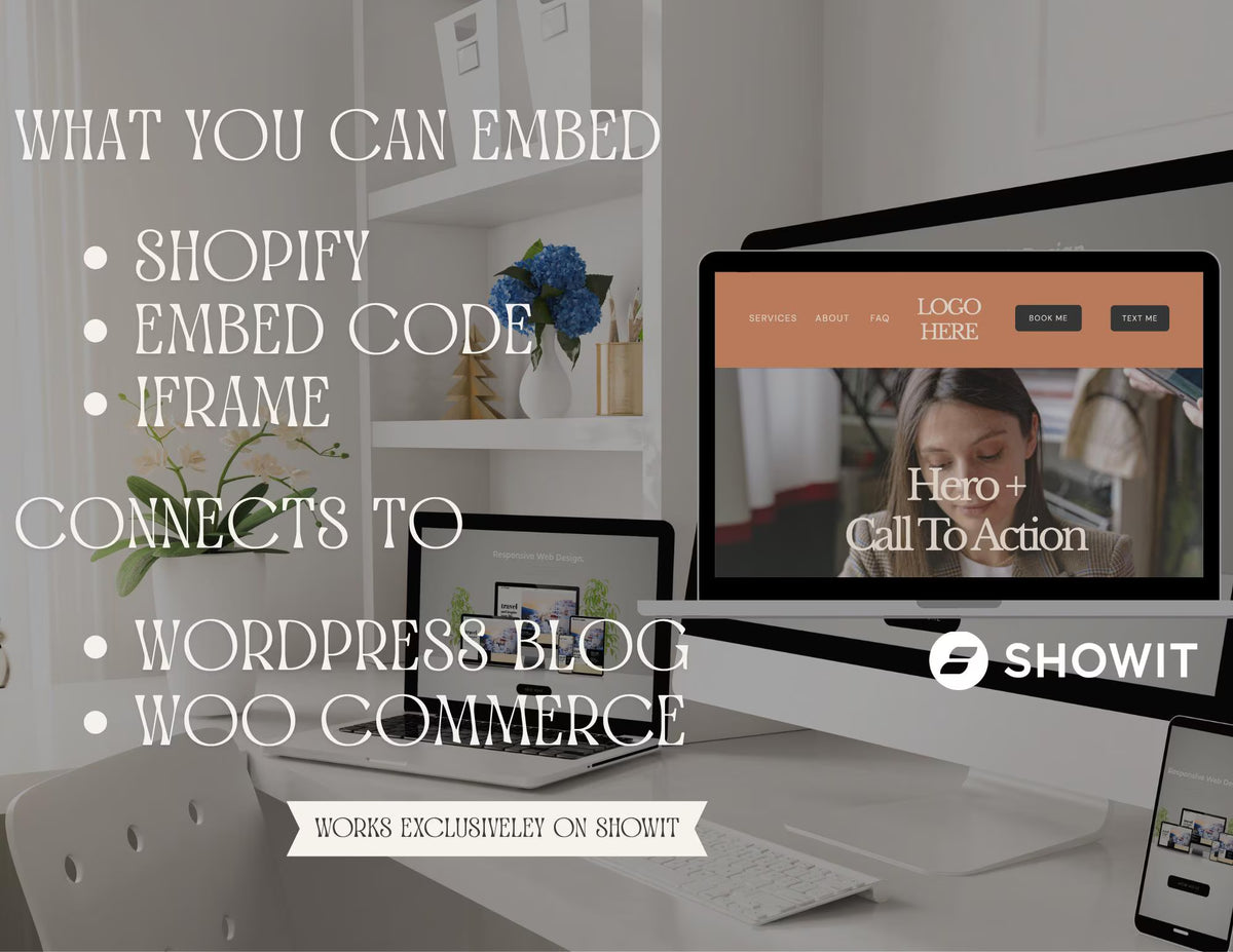 Promotional graphic for a Showit website template, featuring a desktop monitor and laptop displaying a WordPress-style webpage layout, with text listing embed options, supported platforms (Shopify, WordPress Blog, WooCommerce), and a Showit logo.