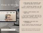 A promotional infographic explaining how a website template purchase works, with text on a beige panel, a laptop mockup showing a website layout, and a blurred office background.
