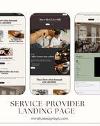 Three smartphone mockups displaying website landing page designs for service providers, with text below reading 'SERVICE-PROVIDER LANDING PAGE' and 'mindulidesignbyliz.com'.