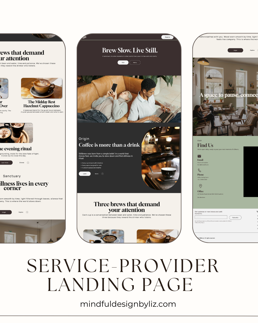 Three smartphone mockups displaying website landing page designs for service providers, with text below reading 'SERVICE-PROVIDER LANDING PAGE' and 'mindulidesignbyliz.com'.