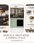 Three smartphone mockups displaying cafe-themed landing page designs, with large text below reading 'SERVICE-PROVIDER LANDING PAGE' and a website URL at the bottom.