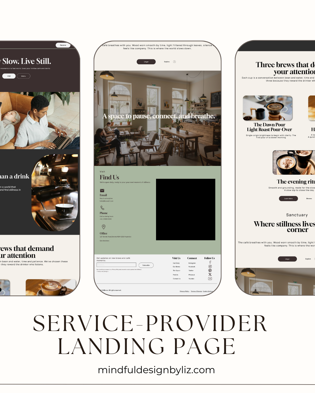 Three smartphone mockups displaying cafe-themed landing page designs, with large text below reading 'SERVICE-PROVIDER LANDING PAGE' and a website URL at the bottom.