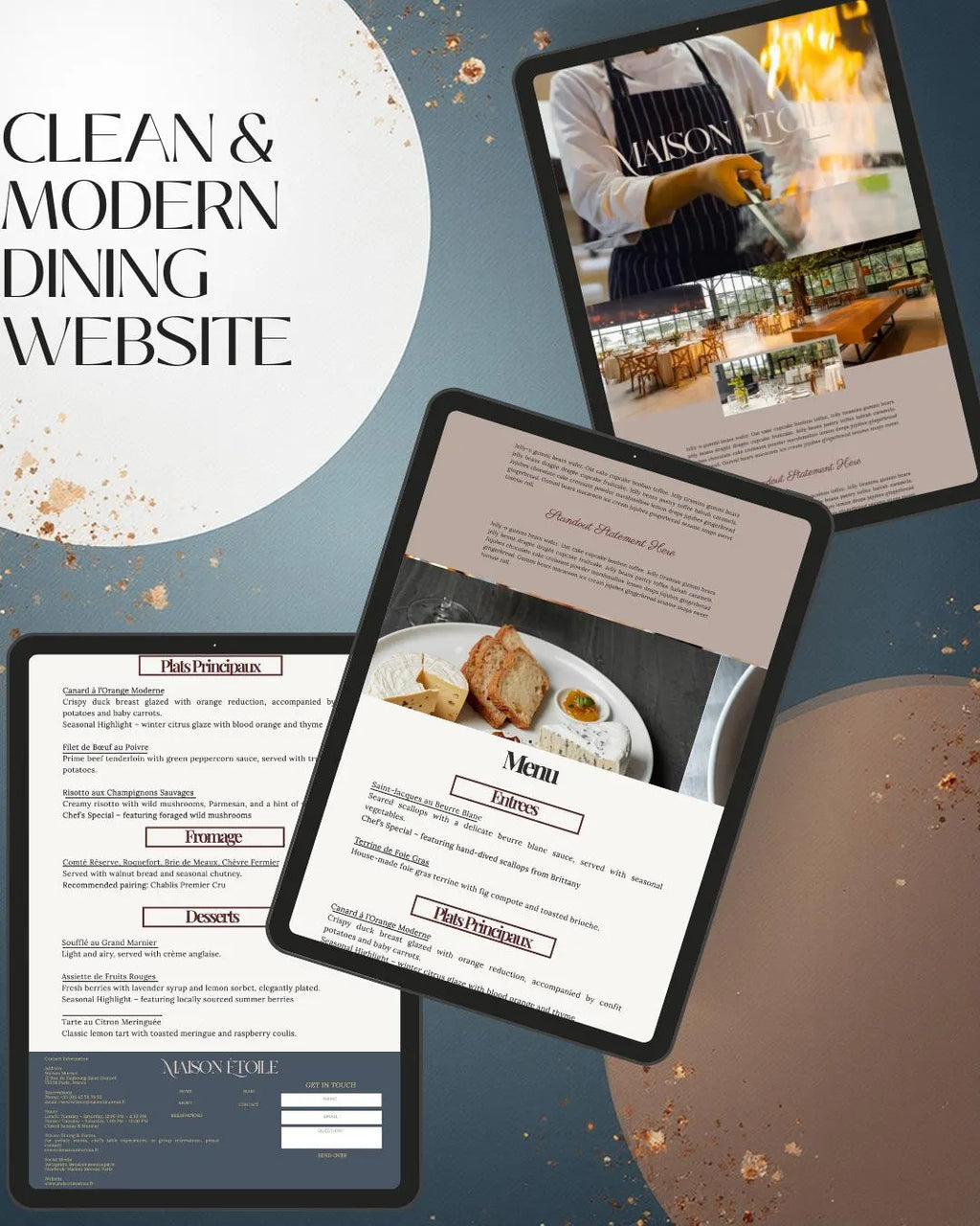 Three digital mockups of a website template for a restaurant or dining establishment, displayed on tablet screens over a dark blue textured background with abstract paint splashes. The design includes a large white circle with the text 'CLEAN & MODERN DINING WEBSITE' and sections for About, Menu, History, and Contact.