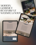 Three tablet devices displaying a modern gourmet restaurant website layout, arranged on a dark gradient background with the text 'MODERN GOURMET RESTAURANT WEBSITE LAYOUT' on the left.