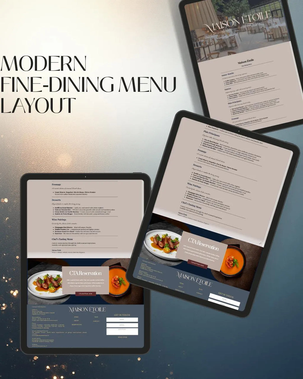 Three tablet devices displaying a modern fine dining menu layout template, arranged on a dark blue to light gray gradient background with the text 'MODERN FINE-DINING MENU LAYOUT' on the left.