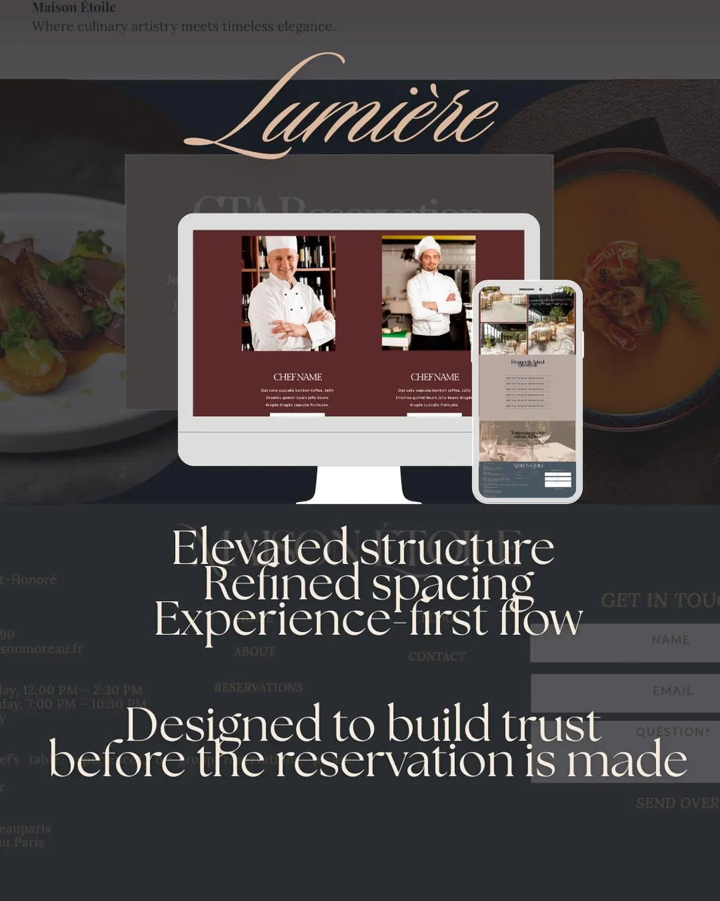 A promotional graphic for a website design service, featuring a computer monitor and smartphone mockup displaying a restaurant reservation website. The graphic includes the brand name 'Lumére' in elegant script at the top, with text reading 'Elevated structure, Refined spacing, Experience-first flow, Designed to build trust before the reservation is made' on a dark background with blurred food imagery.