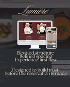 A promotional graphic for a website design service, featuring a computer monitor and smartphone mockup displaying a restaurant reservation website. The graphic includes the brand name 'Lumére' in elegant script at the top, with text reading 'Elevated structure, Refined spacing, Experience-first flow, Designed to build trust before the reservation is made' on a dark background with blurred food imagery.