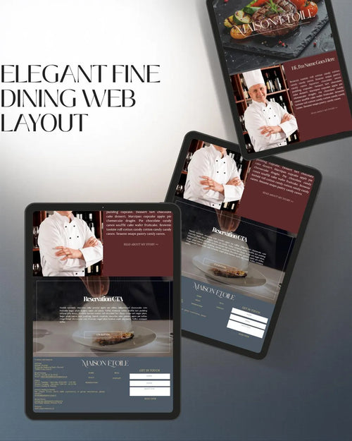 Three digital mockups of tablet screens displaying a fine dining website layout, arranged on a dark-to-light gradient background with the text 'ELEGANT FINE DINING WEB LAYOUT' on the left.